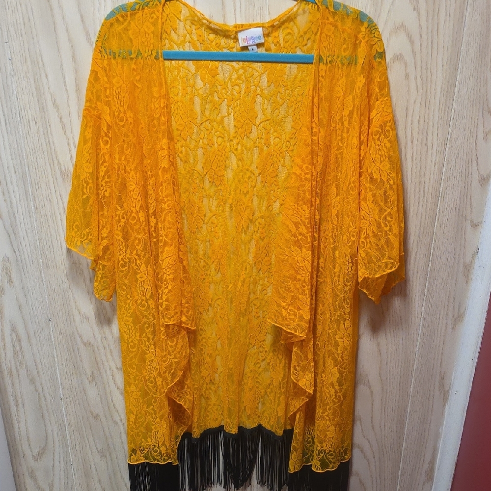 LuLaRoe Monroe-Yellow Lace Kimono with Fringe